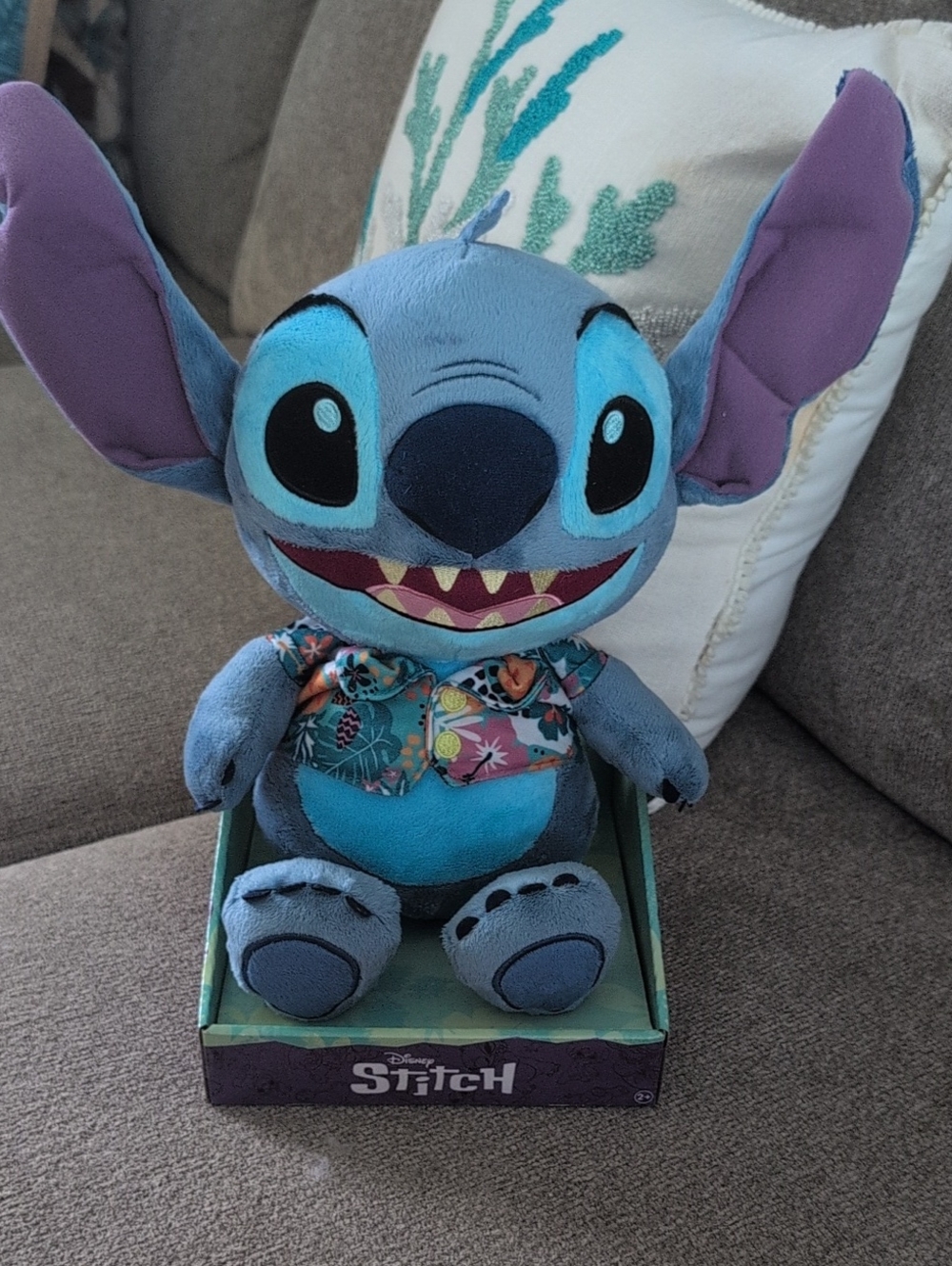 Disney Blue Stitch Plush with Purple Ear Accents and Floral Shirt Brand New